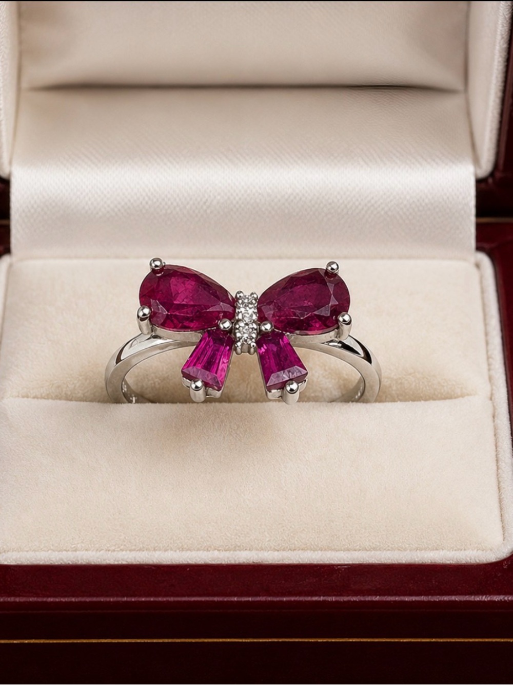 Red Ribbon Bow Ring Sterling Silver Ruby & Pave CZs - Picture 1 of 7